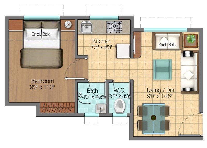 Floor plan of 1 BHK 418 Sq. Ft. Apartment in Vijay Vakas Estate, Navi Mumbai