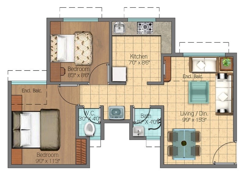Floor plan of 2 BHK 593 Sq. Ft. Apartment in Vijay Vakas Estate, Navi Mumbai