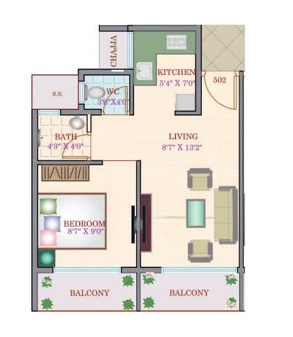 Floor plan of 1 BHK 350 Sq. Ft. Apartment in Vikramaditya Sunshine Square, Navi Mumbai