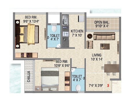 Floor plan of 2 BHK 601 Sq. Ft. Apartment in Villa Anthem, Navi Mumbai