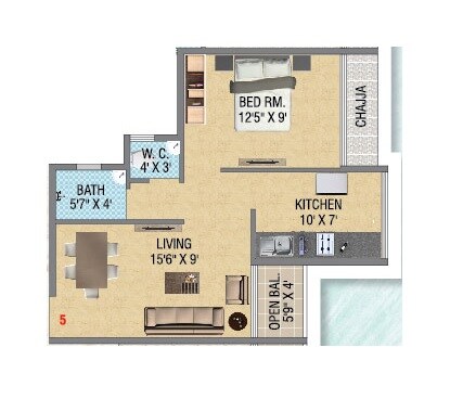 Floor plan of 1 BHK 374 Sq. Ft. Apartment in Villa Anthem, Navi Mumbai