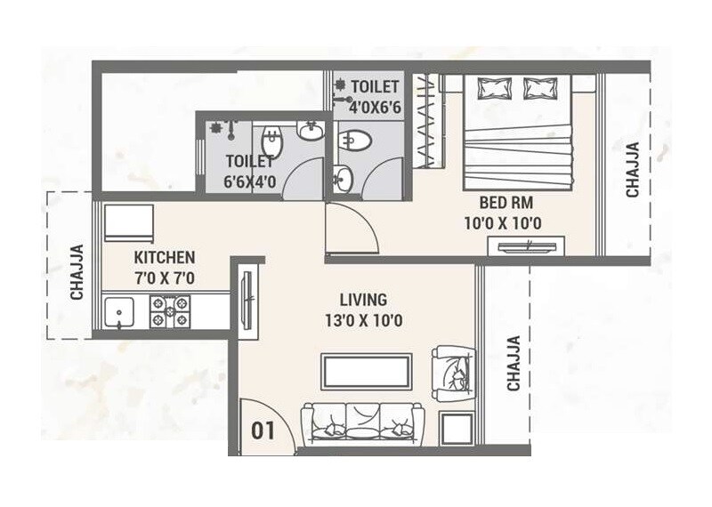 Floor plan of 1 BHK 425 Sq. Ft. Apartment in Villa Heritage, Navi Mumbai