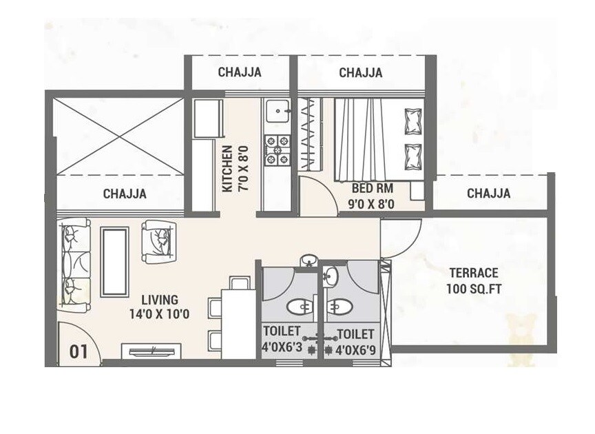 Floor plan of 1 BHK 575 Sq. Ft. Apartment in Villa Heritage, Navi Mumbai
