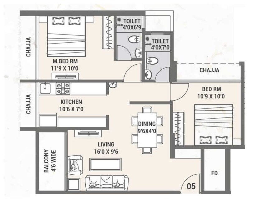 Floor plan of 2 BHK 700 Sq. Ft. Apartment in Villa Heritage, Navi Mumbai