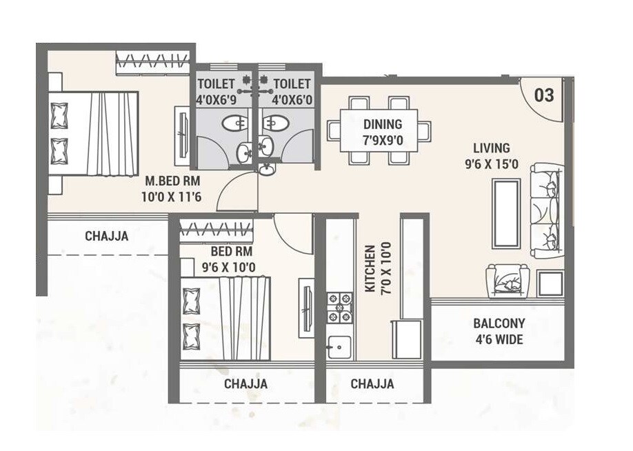 Floor plan of 2 BHK 760 Sq. Ft. Apartment in Villa Heritage, Navi Mumbai