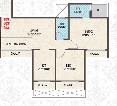 Floor plan of 2 BHK 490 Sq. Ft. Apartment in Villa Imperia Villa, Navi Mumbai