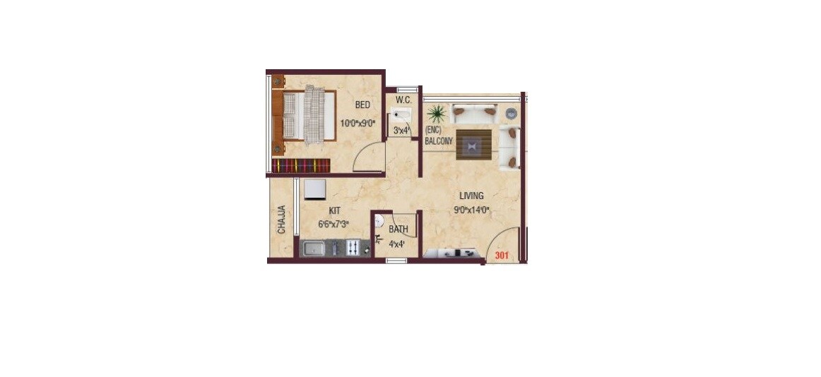 Floor plan of 1 BHK 282 Sq. Ft. Apartment in Villa Oceano, Navi Mumbai