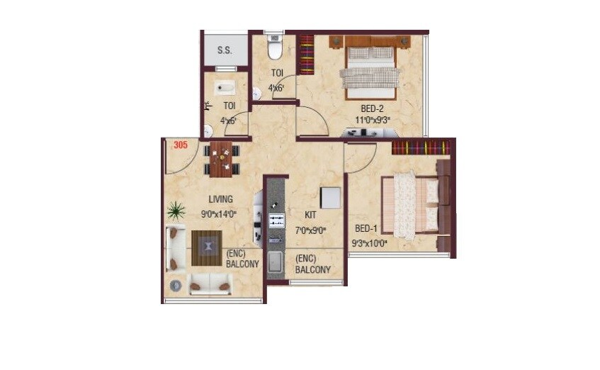 Floor plan of 2 BHK 452 Sq. Ft. Apartment in Villa Oceano, Navi Mumbai