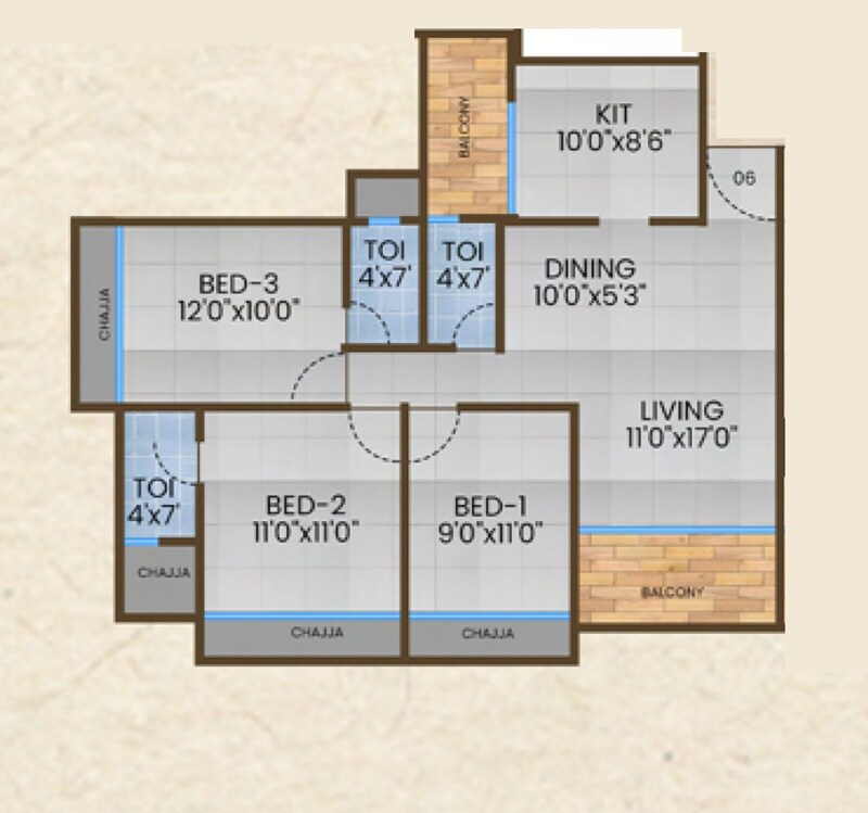 3 BHK 1050 Sq. Ft. Apartment