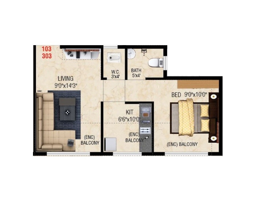 Floor plan of 1 BHK 204 Sq. Ft. Apartment in Villa Orchid Villa, Navi Mumbai