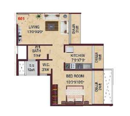 Floor plan of 1 BHK 287 Sq. Ft. Apartment in Villa Orison, Navi Mumbai