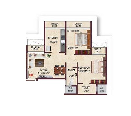 Floor plan of 2 BHK 447 Sq. Ft. Apartment in Villa Orison, Navi Mumbai