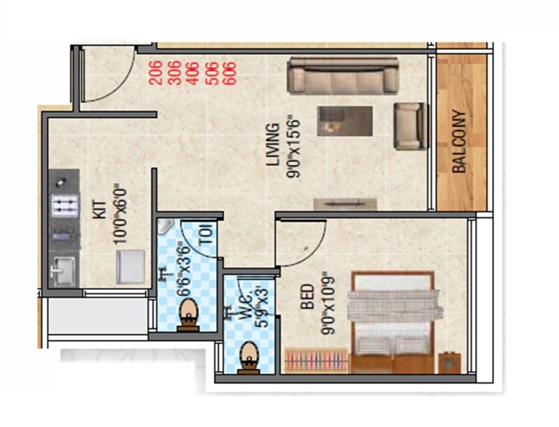 Floor plan of 1 BHK 410 Sq. Ft. Apartment in Villa Palacia, Navi Mumbai