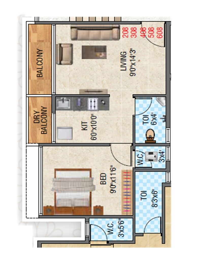 Floor plan of 1 BHK 690 Sq. Ft. Apartment in Villa Palacia, Navi Mumbai