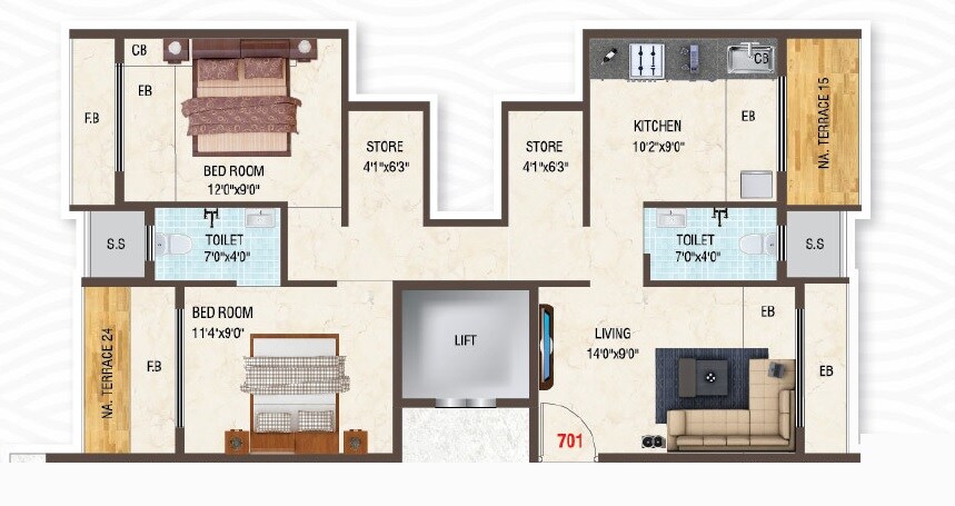 Floor plan of 2 BHK 345 Sq. Ft. Apartment in Villa Smaran, Navi Mumbai