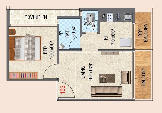 Floor plan of 1 BHK 368 Sq. Ft. Apartment in Villa Spring, Navi Mumbai
