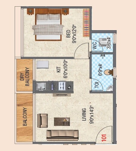 Floor plan of 1 BHK 410 Sq. Ft. Apartment in Villa Spring, Navi Mumbai