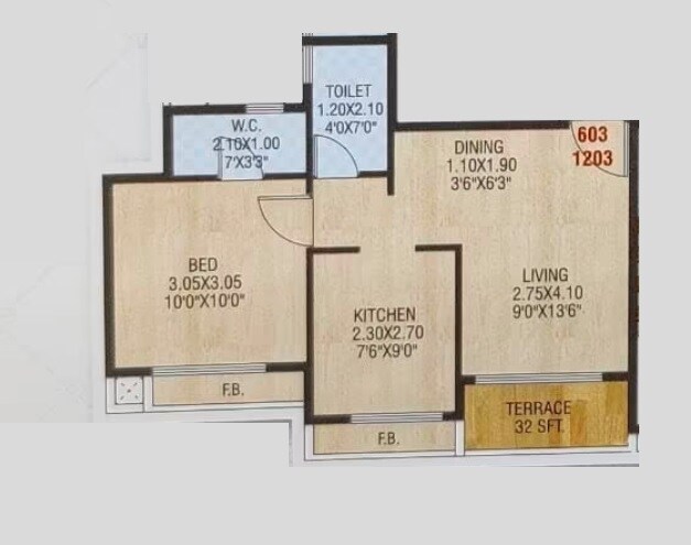 Floor plan of 1 BHK 495 Sq. Ft. Apartment in Vipul Mahavir Sapphire, Navi Mumbai