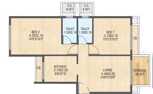 Floor plan of 2 BHK 573 Sq. Ft. Apartment in Vipul Mahavir Sapphire, Navi Mumbai