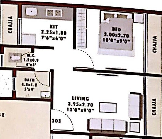 Floor plan of 1 BHK 250 Sq. Ft. Apartment in Vishal Bhakti Darshan, Navi Mumbai