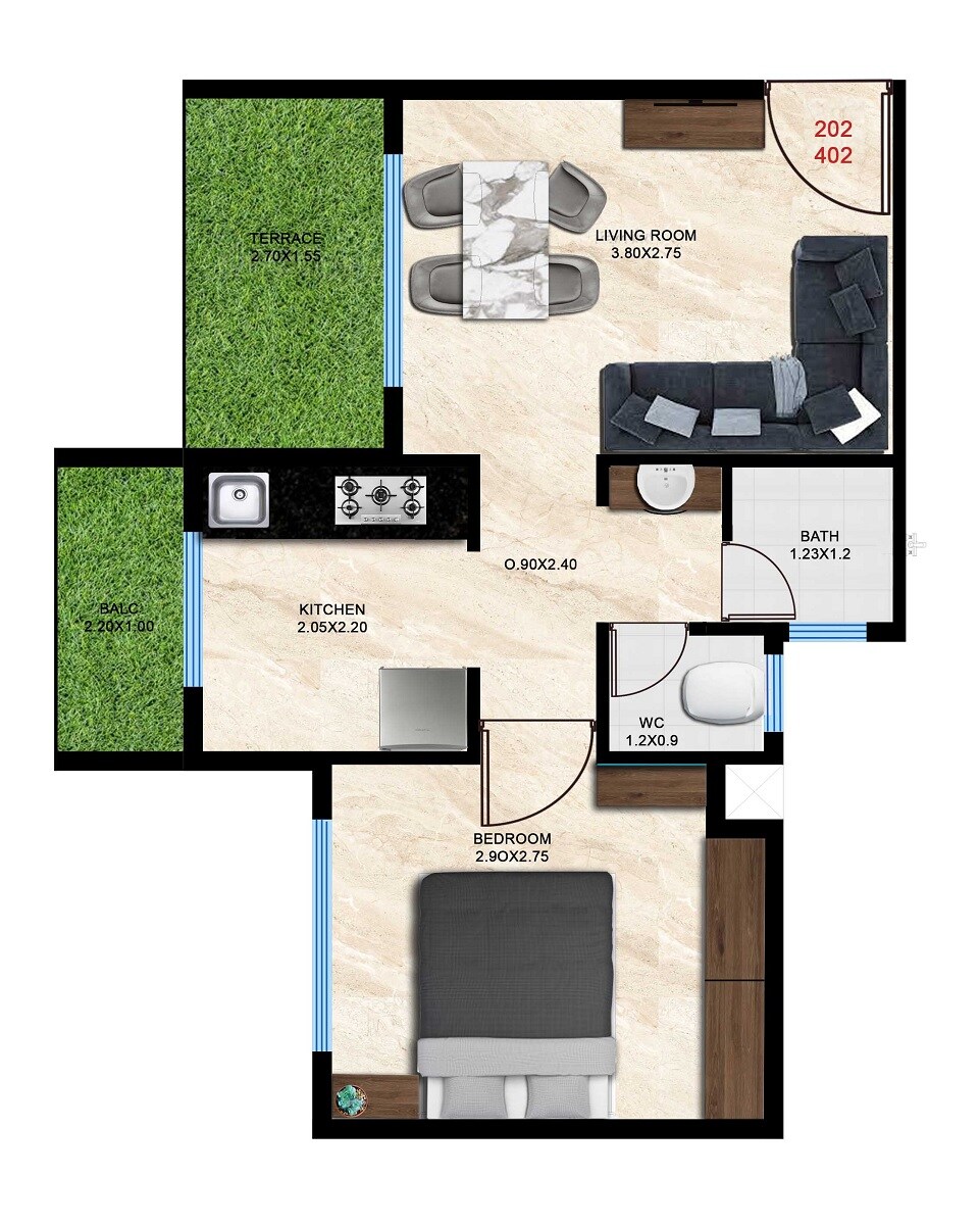 Floor plan of 1 BHK 403 Sq. Ft. Apartment in Vishesh Balaji Avvante, Navi Mumbai