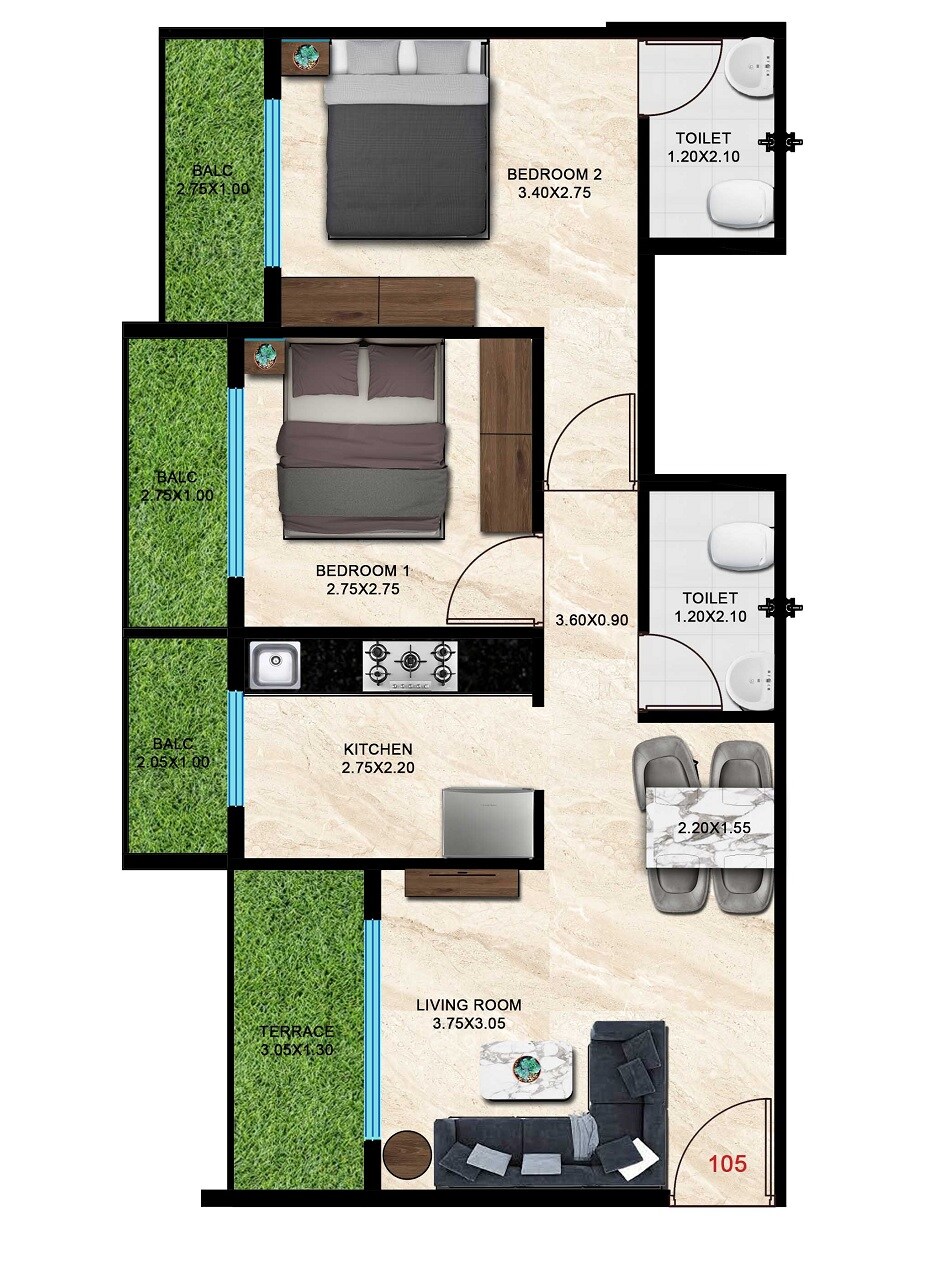 Floor plan of 2 BHK 546 Sq. Ft. Apartment in Vishesh Balaji Avvante, Navi Mumbai