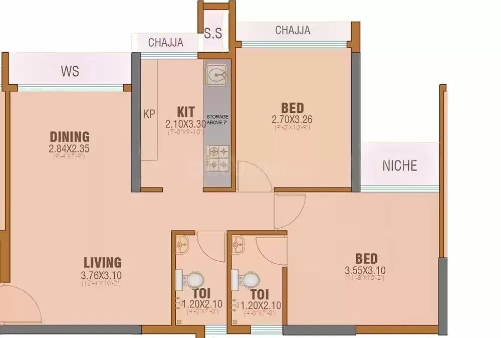 Floor plan of 2 BHK 440 Sq. Ft. Apartment in Vishesh Balaji Symphony, Navi Mumbai