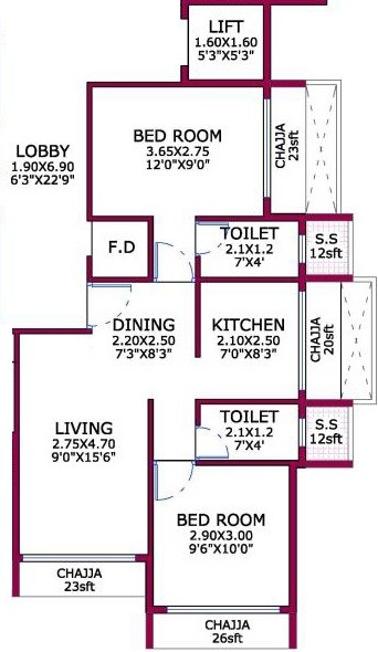 Floor plan of 2 BHK 409 Sq. Ft. Apartment in Vishrut Casablanca, Navi Mumbai