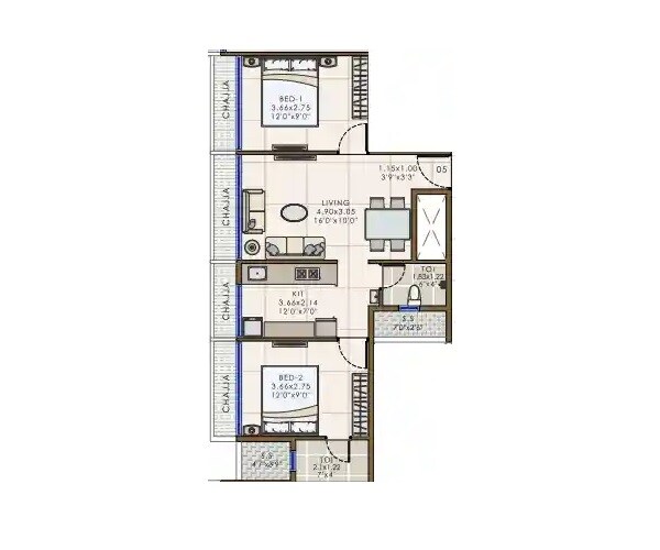 Floor plan of 2 BHK 556 Sq. Ft. Apartment in Vishv Eleanor, Navi Mumbai