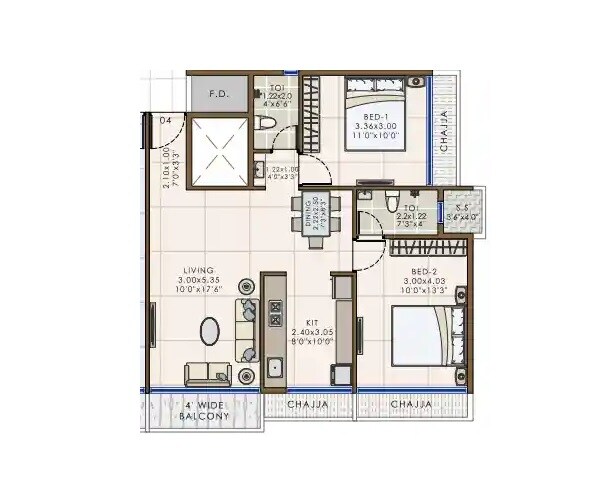 Floor plan of 2 BHK 634 Sq. Ft. Apartment in Vishv Eleanor, Navi Mumbai