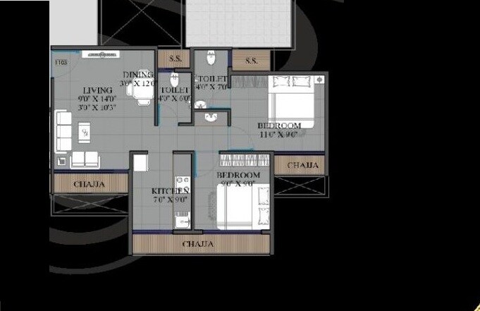 Floor plan of 2 BHK 415 Sq. Ft. Apartment in Vishwakarma Bhagyodaya Aura Luxisca, Navi Mumbai