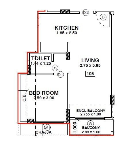 Floor plan of 1 BHK Apartment - 317 sq. ft. in Vishwanath Vaastu, Navi Mumbai