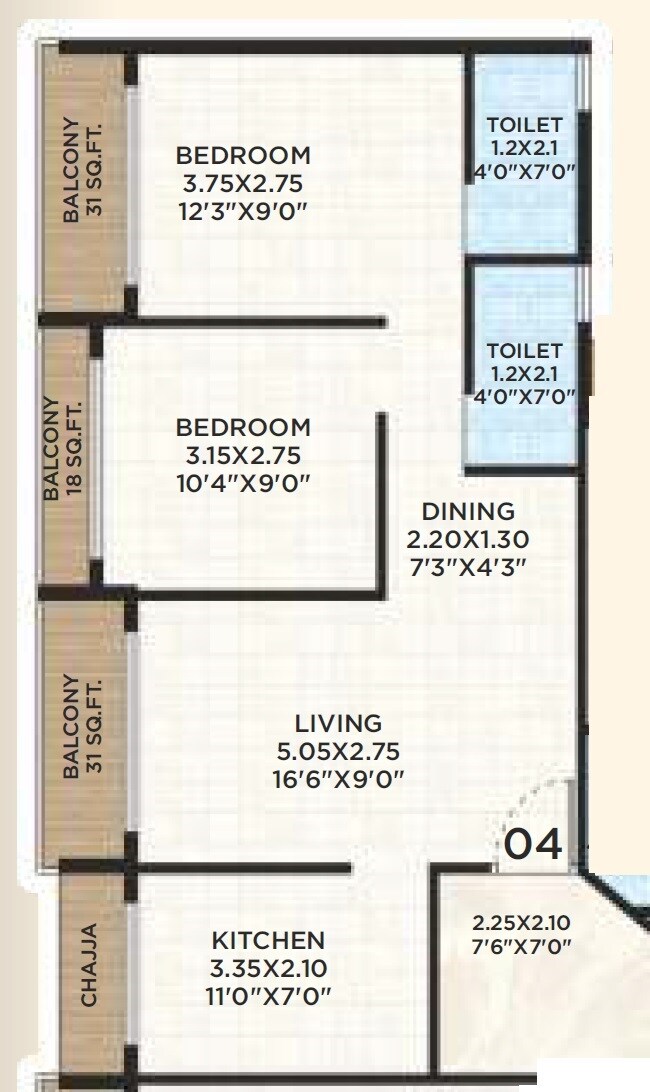 Floor plan of 2 BHK 560 Sq. Ft. Apartment in VK Payal Kalp, Navi Mumbai