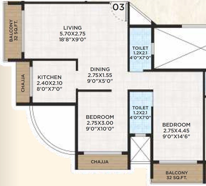 Floor plan of 2 BHK 600 Sq. Ft. Apartment in VK Payal Kalp, Navi Mumbai
