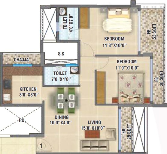 Floor plan of 2 BHK 419 Sq. Ft. Apartment in VM Mohan Palms, Navi Mumbai