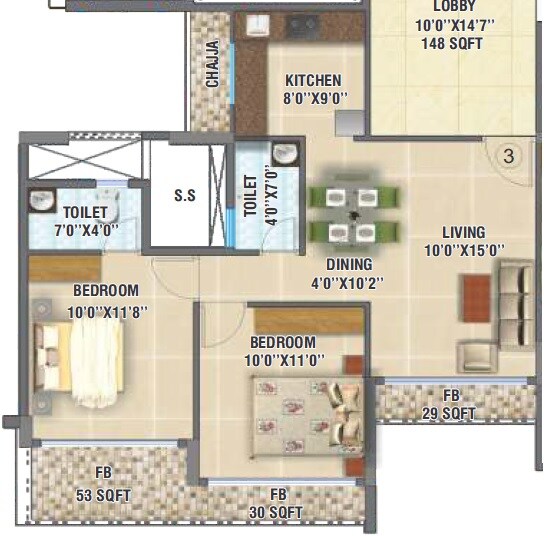 Floor plan of 2 BHK 423 Sq. Ft. Apartment in VM Mohan Palms, Navi Mumbai