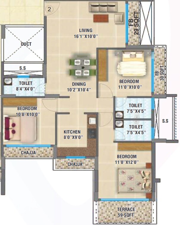Floor plan of 3 BHK 716 Sq. Ft. Apartment in VM Mohan Palms, Navi Mumbai