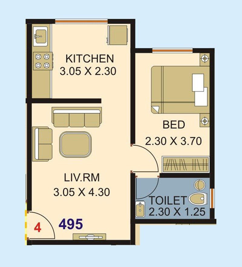 Floor plan of 1 BHK 495 Sq. Ft. Apartment in Vrindavan Madhuban, Navi Mumbai