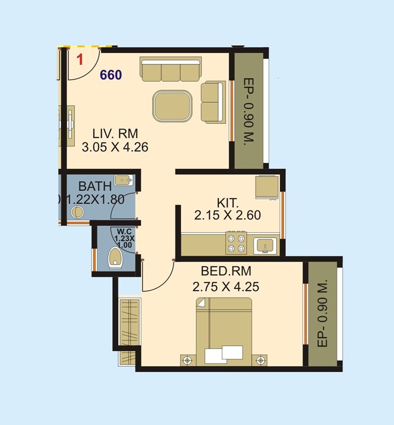 Floor plan of 1 BHK 660 Sq. Ft. Apartment in Vrindavan Madhuban, Navi Mumbai