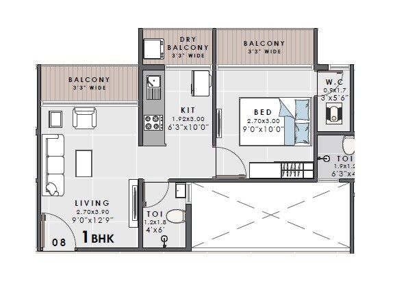Floor plan of 1 BHK 404 Sq. Ft. Apartment in Vrundavan Bliss, Navi Mumbai