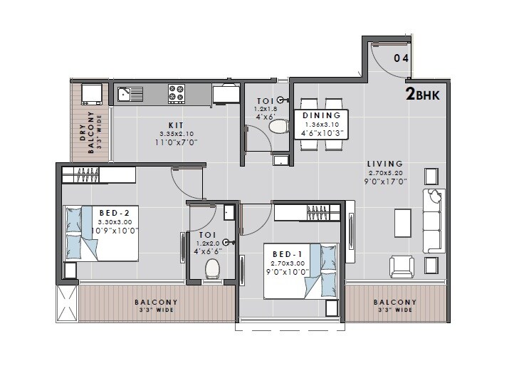 Floor plan of 2 BHK 695 Sq. Ft. Apartment in Vrundavan Bliss, Navi Mumbai