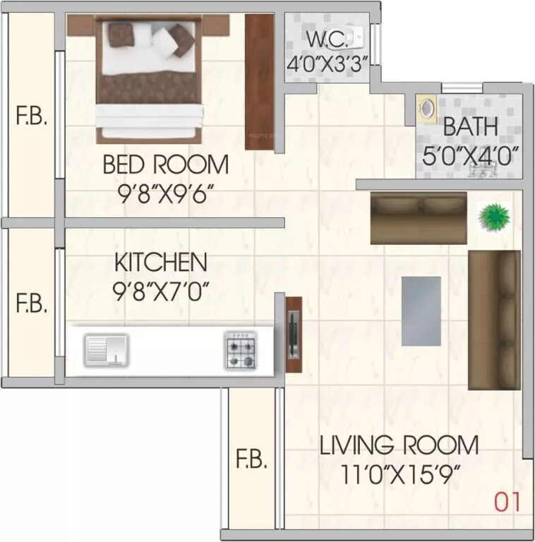 Floor plan of 1 BHK 453 Sq. Ft. Apartment in VUB Vatsal Paradise, Navi Mumbai