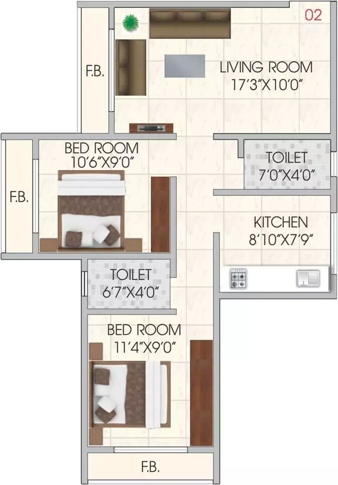 Floor plan of 2 BHK 900 Sq. Ft. Apartment in VUB Vatsal Paradise, Navi Mumbai