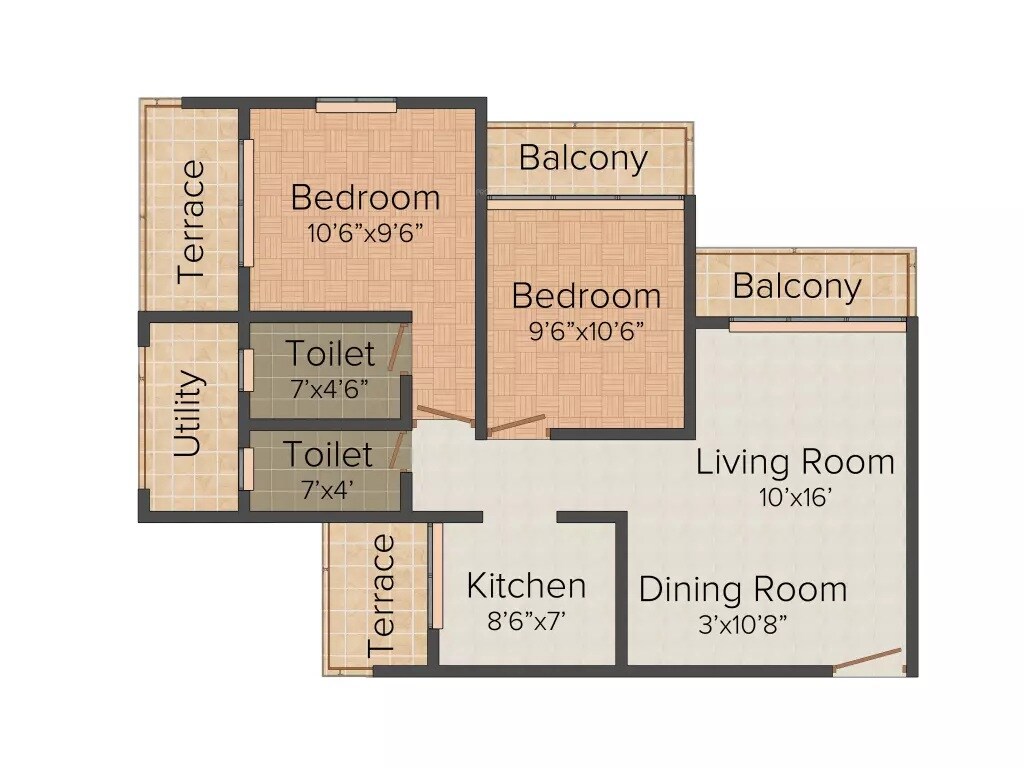 Floor plan of 2 BHK 1109 Sq. Ft. Apartment in VUB Veermaa Paradise, Navi Mumbai
