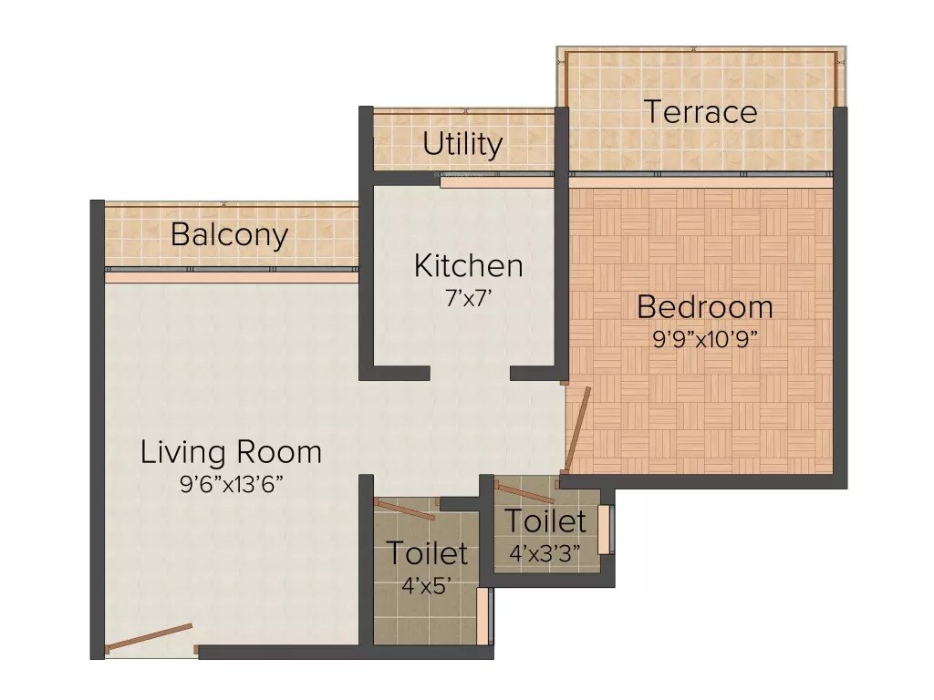 Floor plan of 1 BHK 687 Sq. Ft. Apartment in VUB Veermaa Paradise, Navi Mumbai