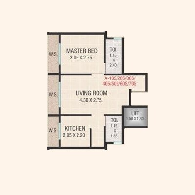 Floor plan of 1 BHK 381 Sq. Ft. Apartment in VW Daji Residency, Navi Mumbai