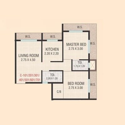 Floor plan of 2 BHK 388 Sq. Ft. Apartment in VW Daji Residency, Navi Mumbai