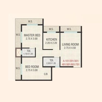 Floor plan of 2 BHK 404 Sq. Ft. Apartment in VW Daji Residency, Navi Mumbai