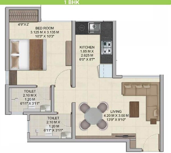 Floor plan of 1 BHK 390 Sq. Ft. Apartment in Wadhwa Wise City South Block Phase 1 B1 Wing A3, Navi Mumbai