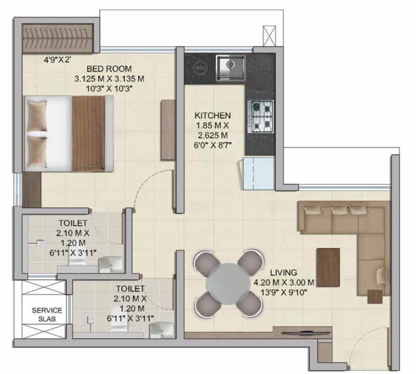 Floor plan of 1 BHK 394 Sq. Ft. Apartment in Wadhwa Wise City South Block Phase 1 B1 Wing A3, Navi Mumbai